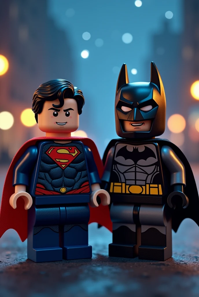 Superman and Batman in Lego art, at night.