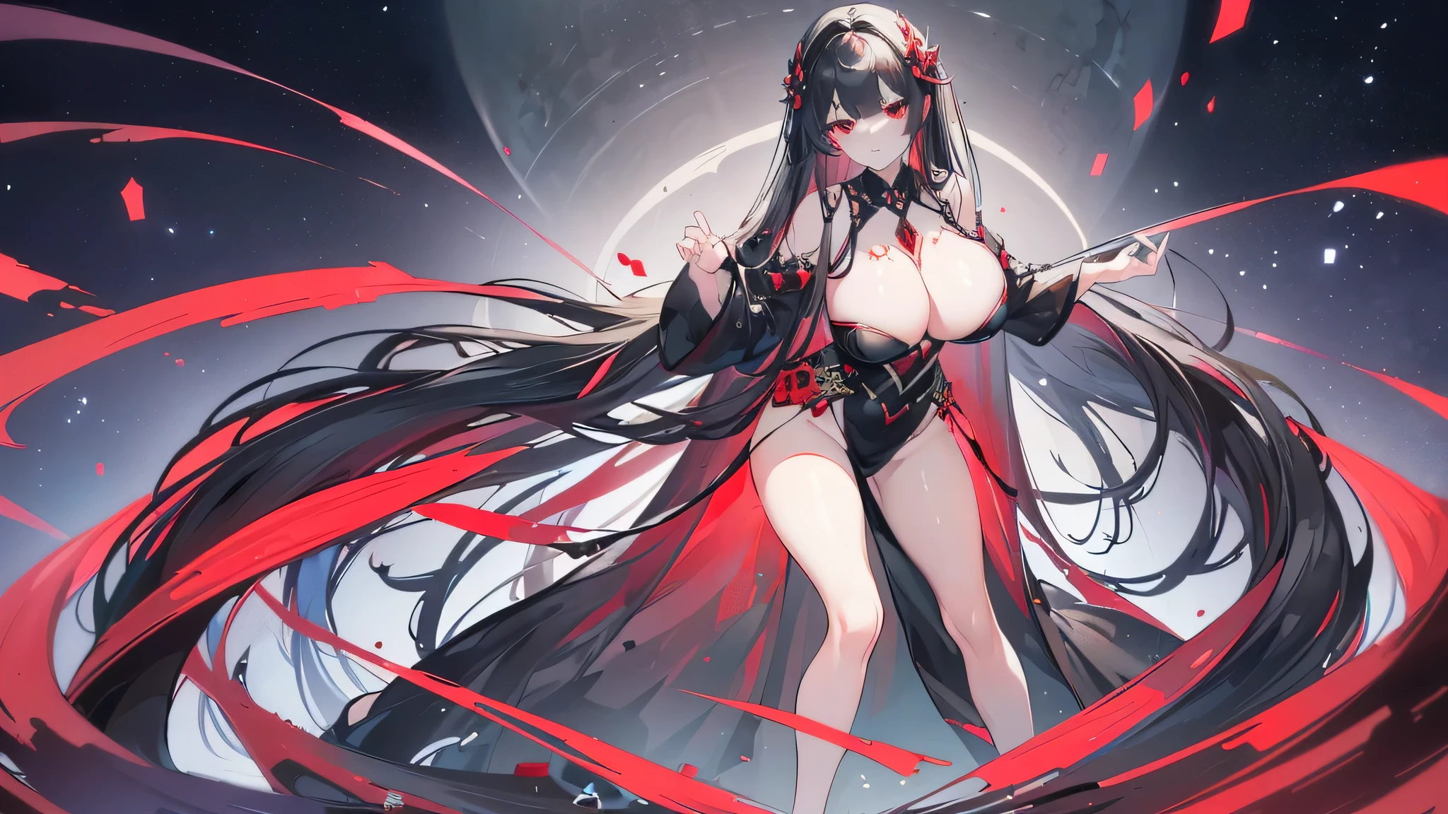 Exquisite eyes),(Clear and beautiful eyes:1.61),masterpiece, ung girl,(Black clothes and some red gems), Black long hair, (She has a huge red gem on her chest), Good Hand,((The Havoc of StarCraft)),full-body shot,Fighting Stance,(Red Eyes:1.466),short and small,(Very big breasts:1.35),(Pretty Face),(full-body shot:1.33),Beautiful hands
