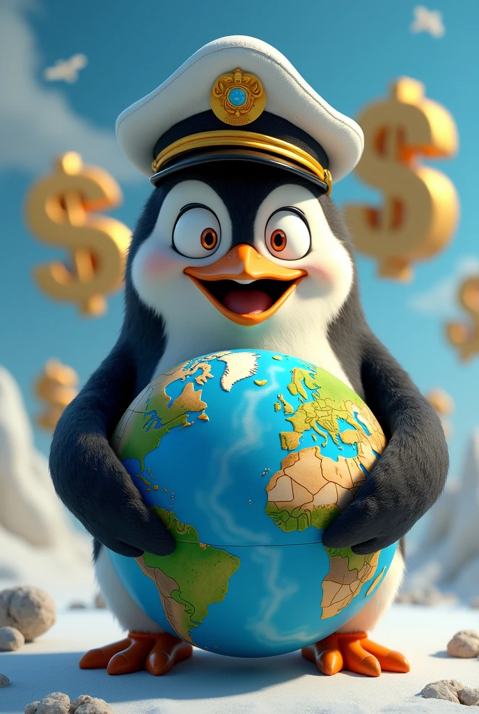 THE CHARACTER CAPTAIN FROM THE PENGUINS OF MADAGASCAR HOLDING PLANET EARTH WITH A DOLLAR SIGN BEHIND IT.