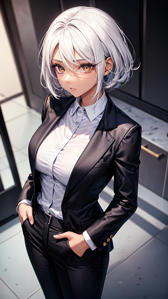 Black woman with golden iris eyes wearing a suit with white shirt and black pants with her hands in her pockets 