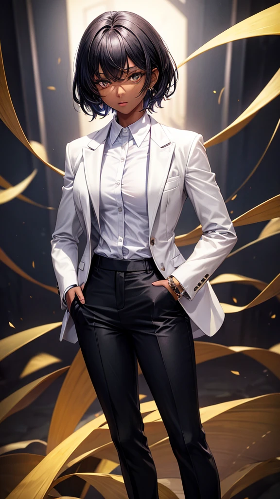 Black woman with golden iris eyes wearing a suit with white shirt and black pants with her hands in her pockets