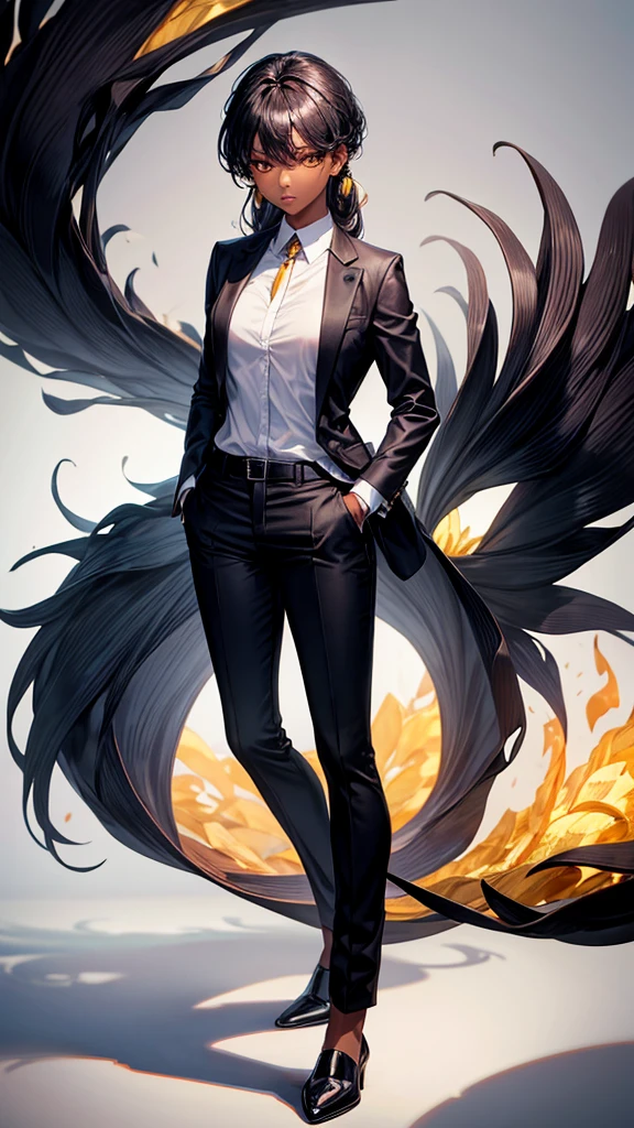 Black woman with golden iris eyes wearing a suit with white shirt and black pants with her hands in her pockets 