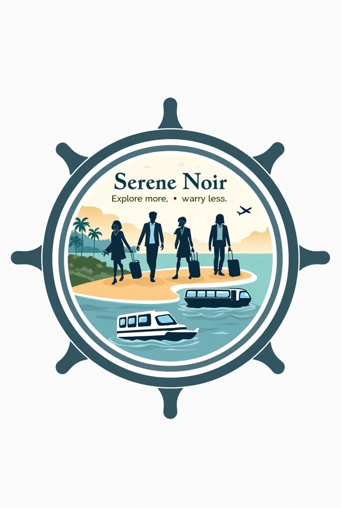 make me a clean, elegant logo of serene noir travel with a vibe of relaxing vacations, anchor, cruise ship, travelers, guests, tour guides, island, travel bags, airplane, bus, sea water and the name of the company which is SERENE NOIR TRAVEL and it's slogan "explore more, worry less" inside of a one steering wheel, like LOGO, should be detailed and understandable, this all should be inside of steering wheel