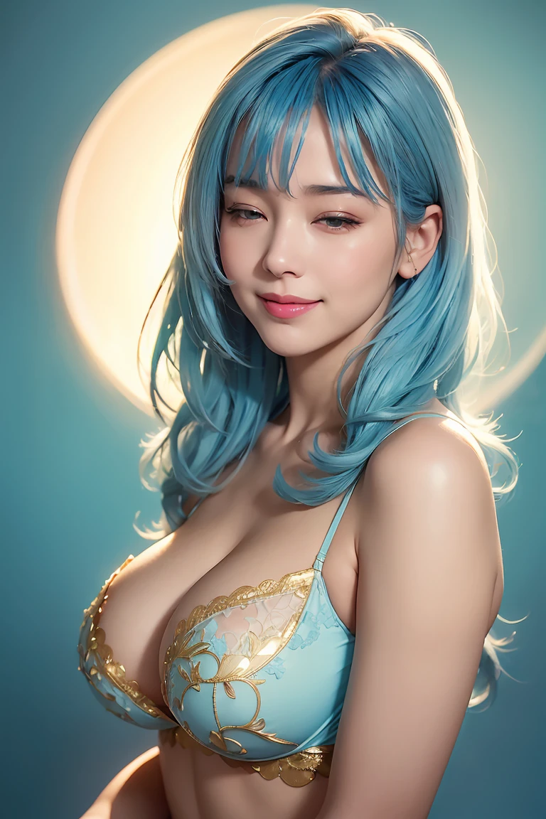 (((cute,Voluptuous body))),BREAK(((Light blue background)))),break((((Beautiful light blue hair,Long Hair)))),BREAK(((Light blue lace lingerie,Luxury Lingerie,Gold embellished lingerie))),BREAK(((Cute smile)))break(Seductive lips:1.3,Lips parted,Bright red lips),break((Upper Body:1.3,Angle from the front:1.3)),break((Beautiful breasts,Saggy boobs)),break,([close your eyes:(I narrowed my eyes.:1.2):11]),breakvery delicate and beautiful art,Beautiful woman portrait,Soft Light,Lens Glow,Soft Clean Focus,Realistic lighting and shading