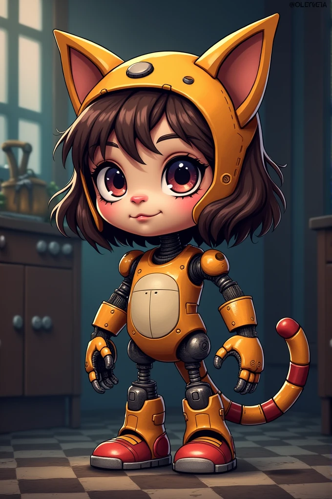 drawing girl animatronic light-skinned cat, short wavy brown hair and white skin five nights at freddys 2d cartoon style