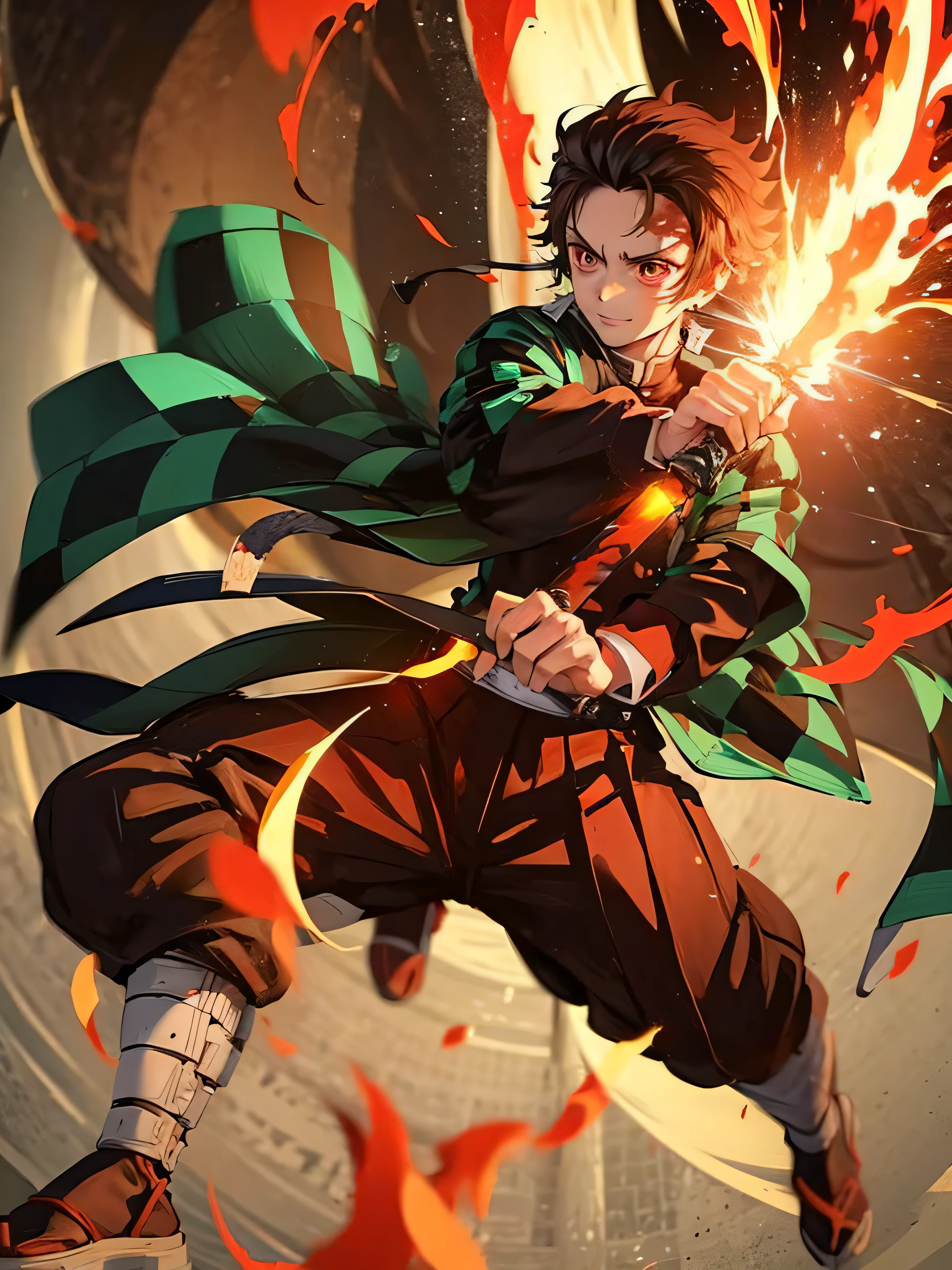 Chico (First) using sword, fire coming from the sword, happy look,