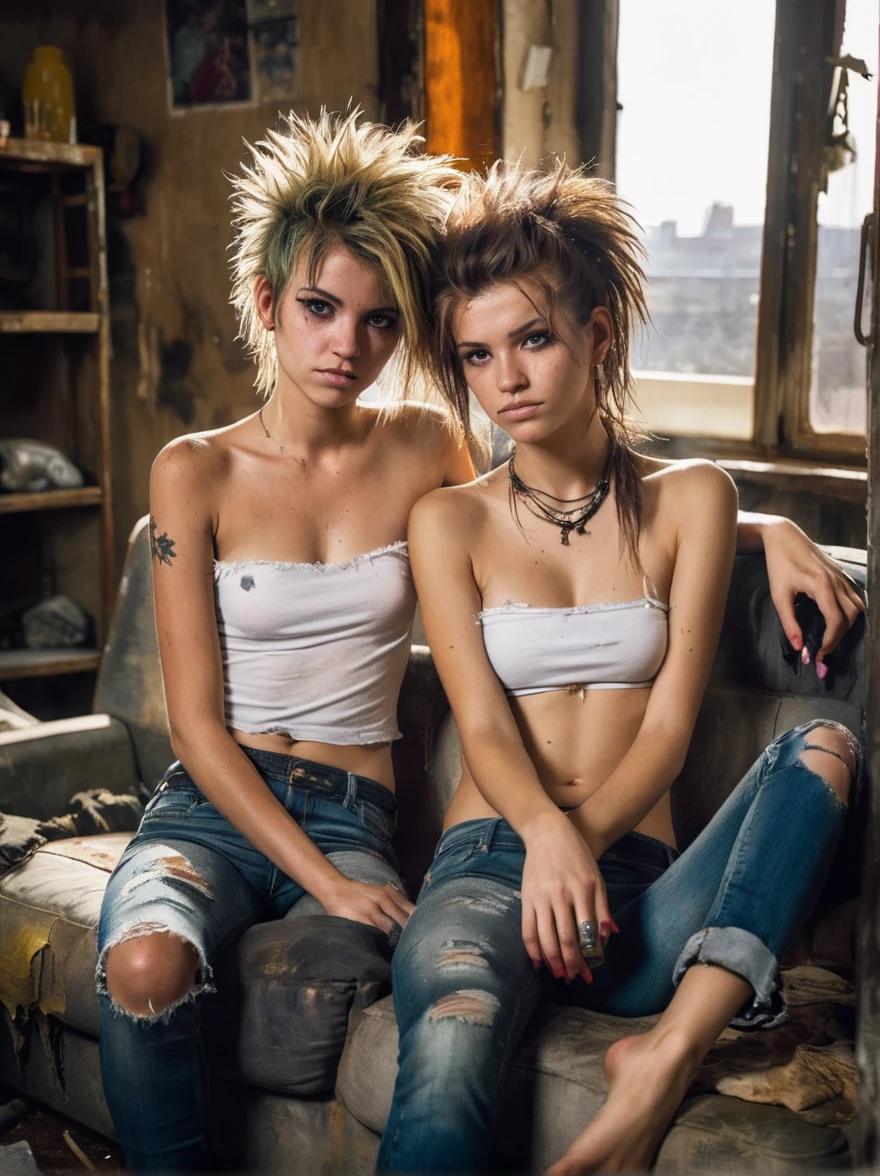 Grunge style for 2 girls,Full body photo,white tube top,rubio,skinny jeans,barefoot,seductive,parts,messy hair,sitting on a couch in a dirty apartment,Comprehensive,analog style,feminine focus,of the highest quality,(Very detailed skin),perfect face,skin pores,(bokeh:0.6),sharp focus,dappled lighting,(backlighting:0.7),film grain,photographed with a Sony A7R IV,18mm F/1.7 cinema lenses,(Very detailed, intricately detailed),8k,HdR,Front view,(full body visible:1.2) . textured,afflicted,ancient,keyed up,punk rock atmosphere,dirty,noisy,