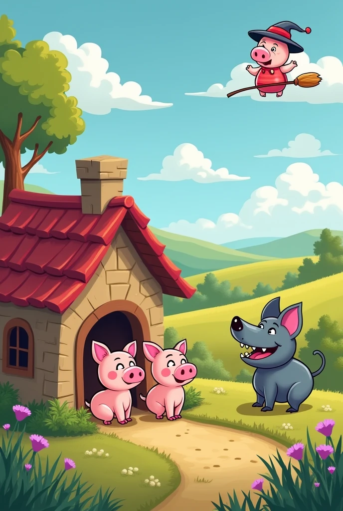 Make a cover for the story of the three little pigs, that you see the three little pigs inside their house and you see the big bad wolf looking at them wanting to eat them and you see a witch mother pig flying in the sky. In cartoon and easy to draw