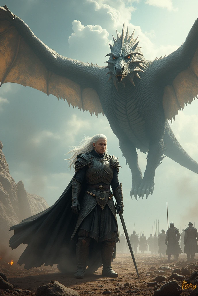 Make a detailed image of *aegon targaryen*, a white haired warrior, on battlefield, with his dragon flying in the sky