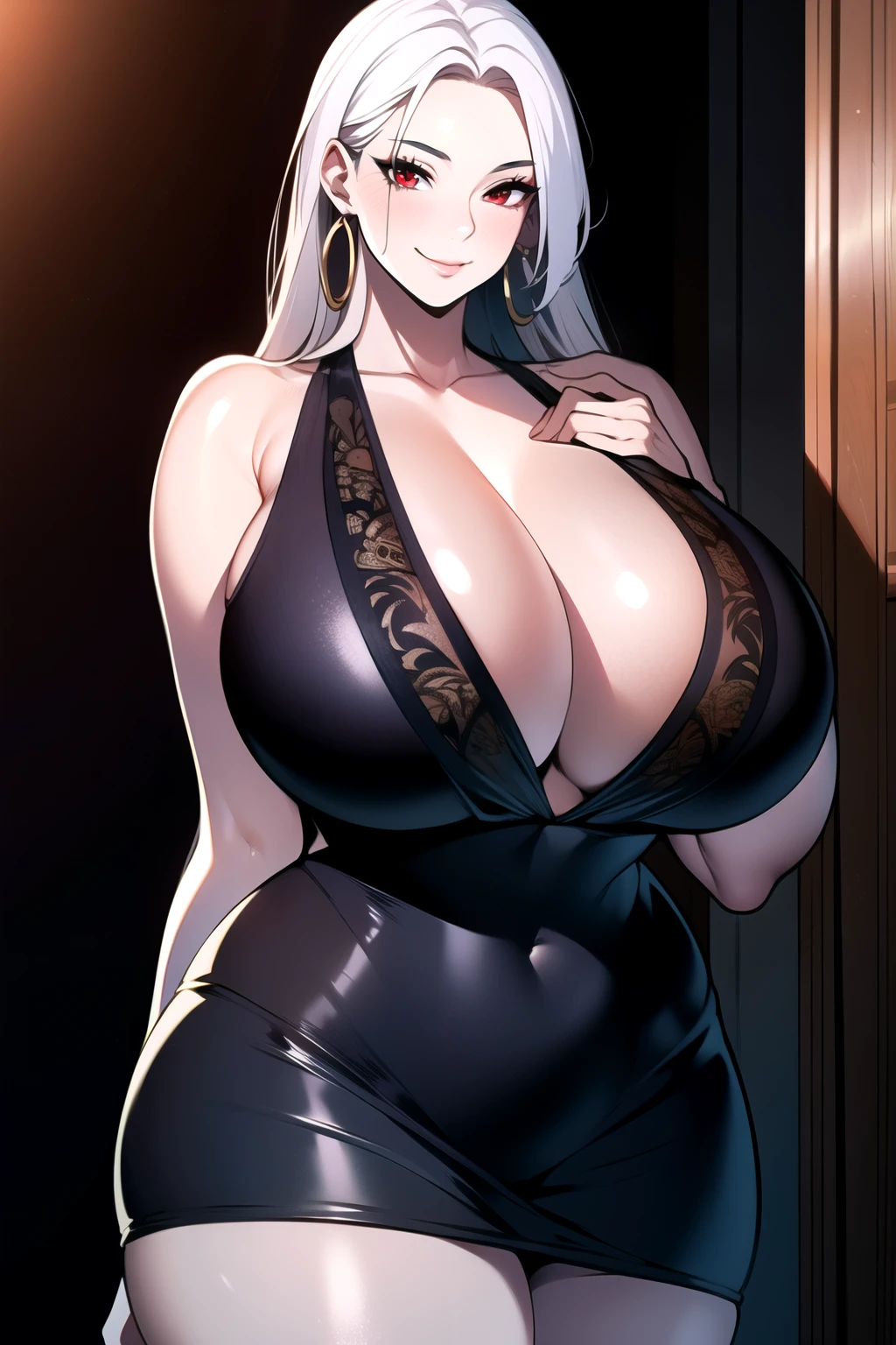 ultra realistic 8k cg, masterpiece, ((ultra detailed background, intricate detail, highly detailed, fine details best quality, hyperdetailed face)), gigantic breasts ,beautiful lighting, absurdres, BoaHancockV2, 1girl, solo, (white hair), long hair, jewelry, closed mouth, ), cleavage, minidress, bare shoulders, curvy, midriff, curvy, thighs, shiny clothes), red eyes, complex detailed background, indoor, palace), ((cowboy shot)), curvy, (gigantic breasts: 1.4), seductive smile, cowboy shot,, earrings, jewelry