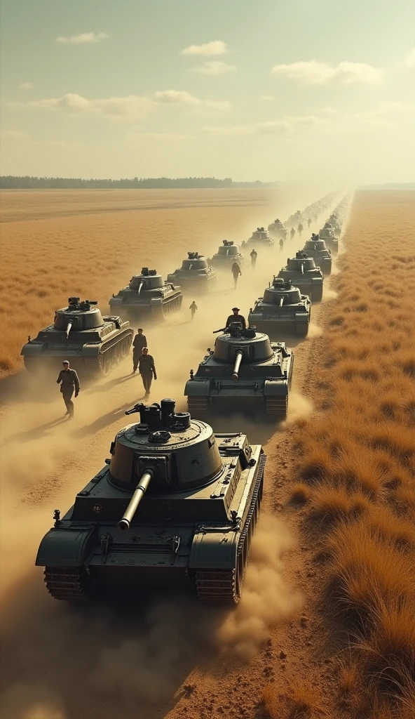 German tanks rolling across the vast plains of the Soviet Union, with columns of soldiers marching through the dust and heat of summer. The sky is vast and cloudless, giving a sense of the immense scale of the invasion.