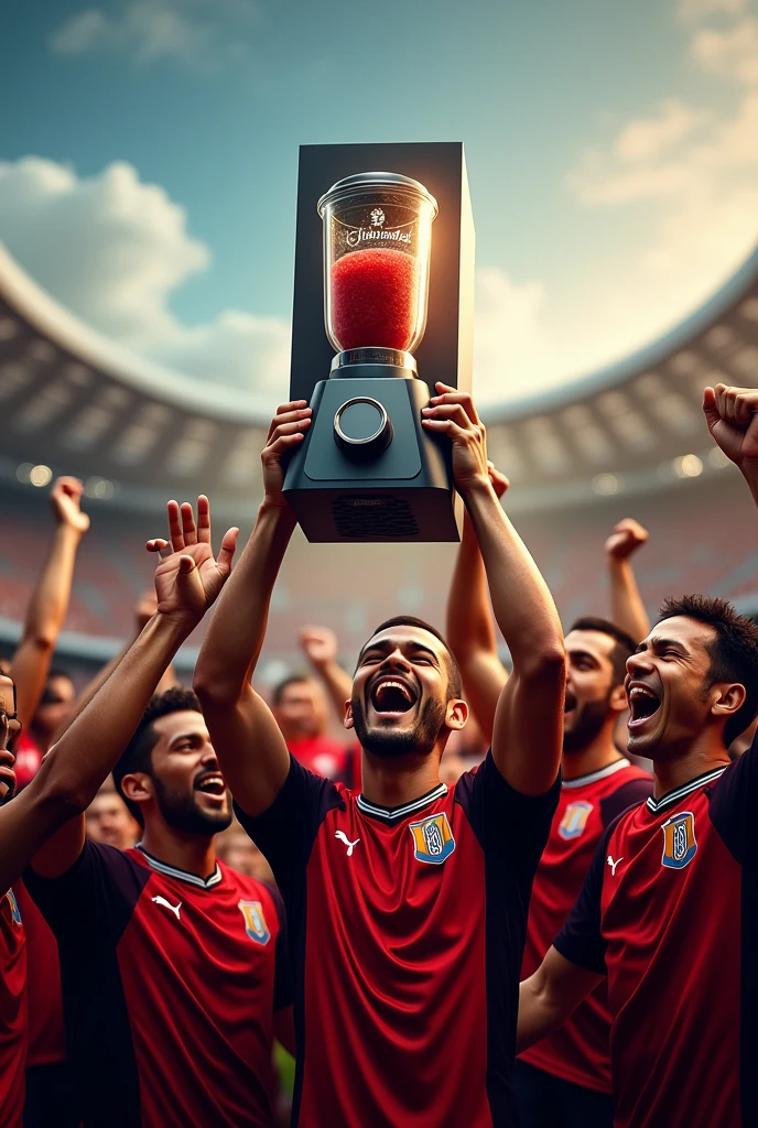 Sao Paulo Football Club Team ,celebrating and holding a Mondial blender box