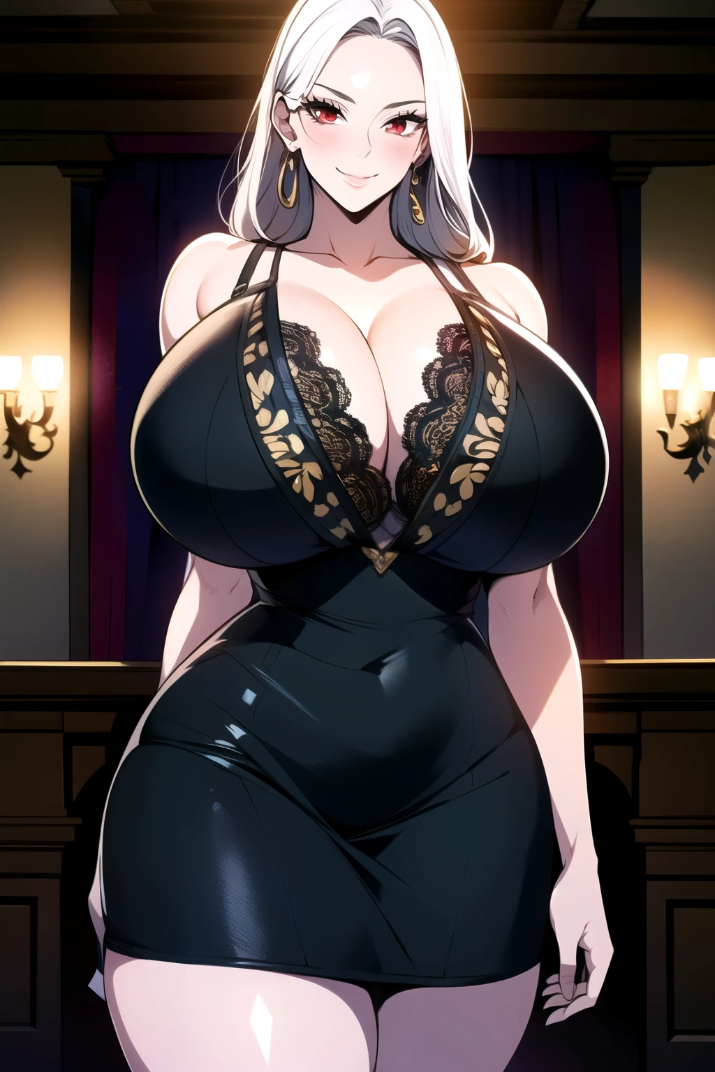 ultra realistic 8k cg, masterpiece, ((ultra detailed background,  intricate detail, highly detailed, fine details best quality, hyperdetailed face)),  ,beautiful lighting, absurdres, BoaHancockV2,  1girl, solo, (white hair), long hair, jewelry, closed mouth, ), cleavage, minidress,  shoulders, curvy, midriff, curvy, thighs, shiny clothes), red eyes, complex detailed background, indoor, palace), ((cowboy shot)), curvy, (: 1.4),  smile, cowboy shot,, earrings, jewelry