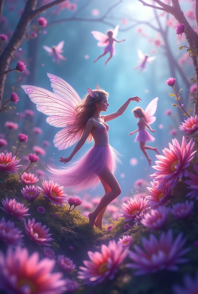 purple flowers with fairy girls flying around them, beautiful fairies, magical flowers, small fairies, tiny faeries, fairies, magical fairy background, flying fairies, space flower fairy, magical colorful flowers, beautiful digital art, faeries, very beautiful digital art, beautiful digital artwork, hd wallpaper, adorable digital painting, beautiful fantasy art, cute digital art, cute detailed digital art