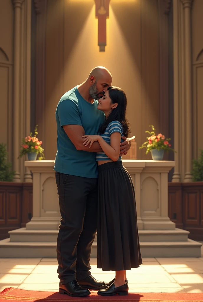 A 40 year old bald man with black hair smiling without a beard wearing a blue t-shirt, black pants and dress shoes 1.65 tall 70 kilos hugging a 2 with hair.55 tall 55 kilos wearing a long black skirt black shoes and blue striped shirt in front of the tabernacle at the Sacred Merciful Heart of Jesus sanctuary