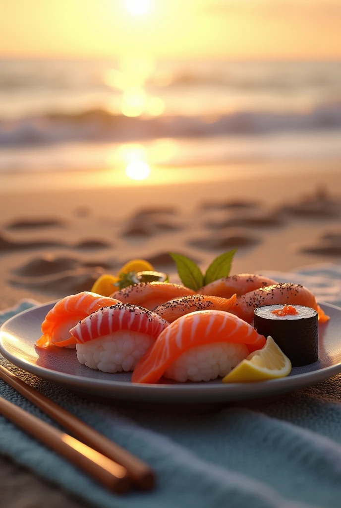 (photorealism:1.2), a plate of sushi with chopsticks on a beach towel at sunset on a beach