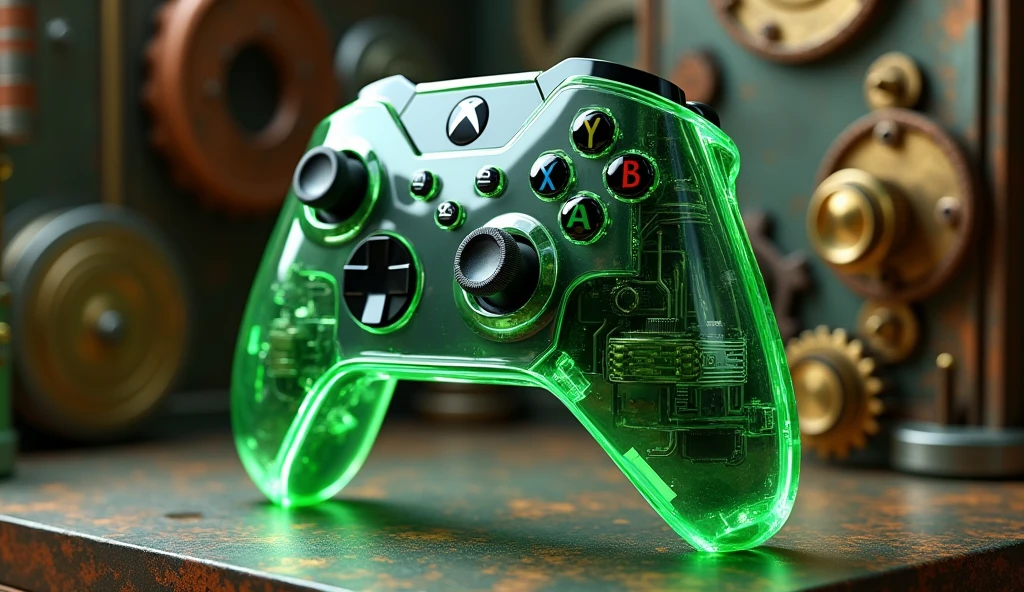 A realistic 3d style image of an xbox controller in greenish clear acrylic on a steampunk style background