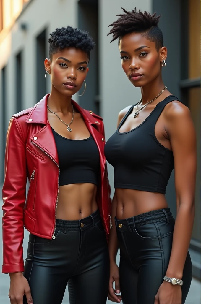 a 2 woman, light brown skin, oval face, pixie cut, body Weight: 64 kilos, Chest: 89 centimeters, Waist: 66 centimeters, Hips: 94 centimeters He wears a red leather jacket, a black muscle shirt and sports pants.
