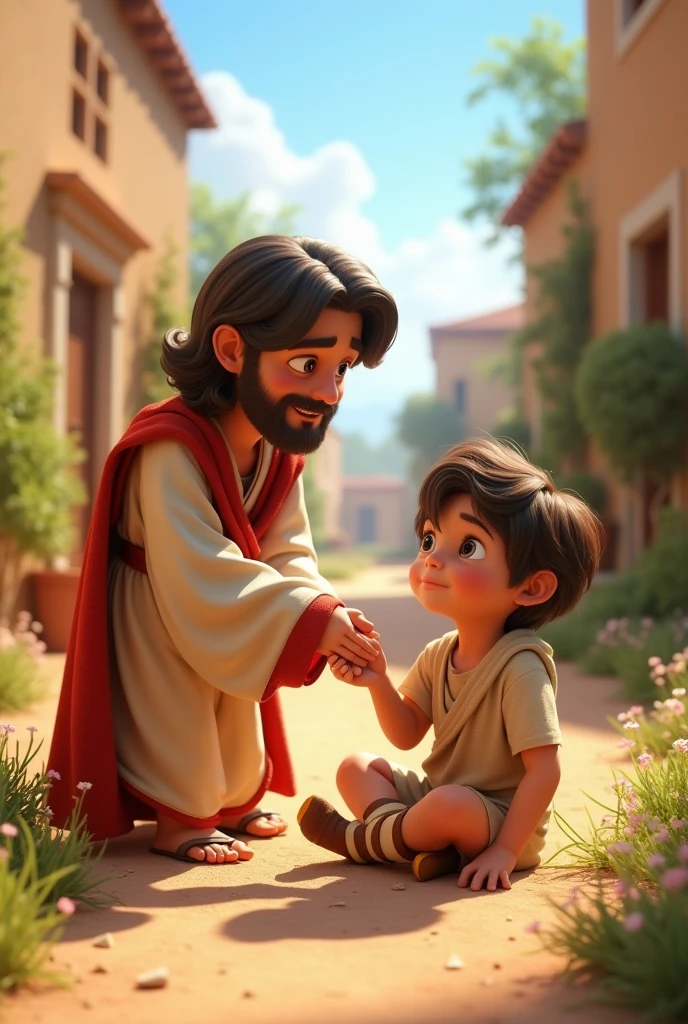 A 3D movie poster in Disney-Pixar style of Jesus as a kid helping his friend that broke his ankle