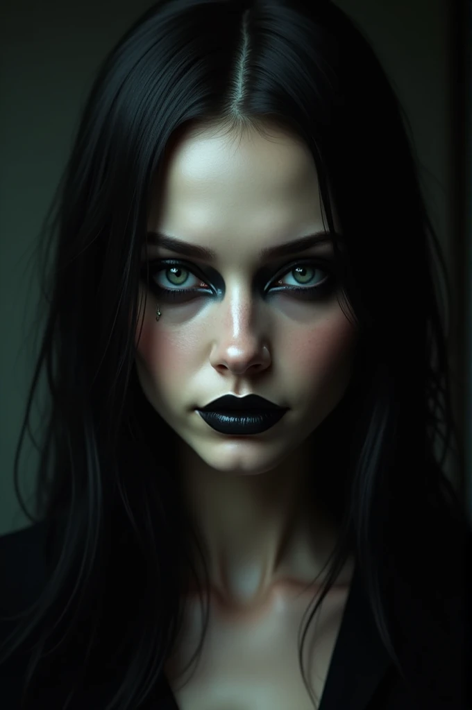 A dark brunette woman, with blond hair, eyes black, thin lips and straight nose