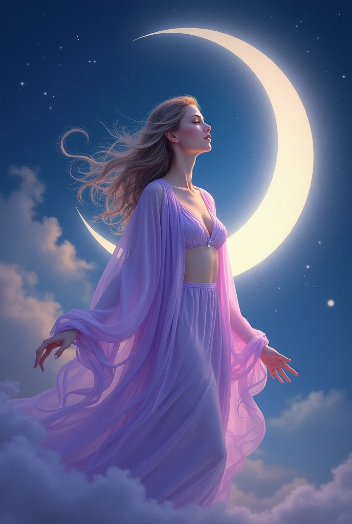long robe, lilac with pink. Woman coming out of the moon.