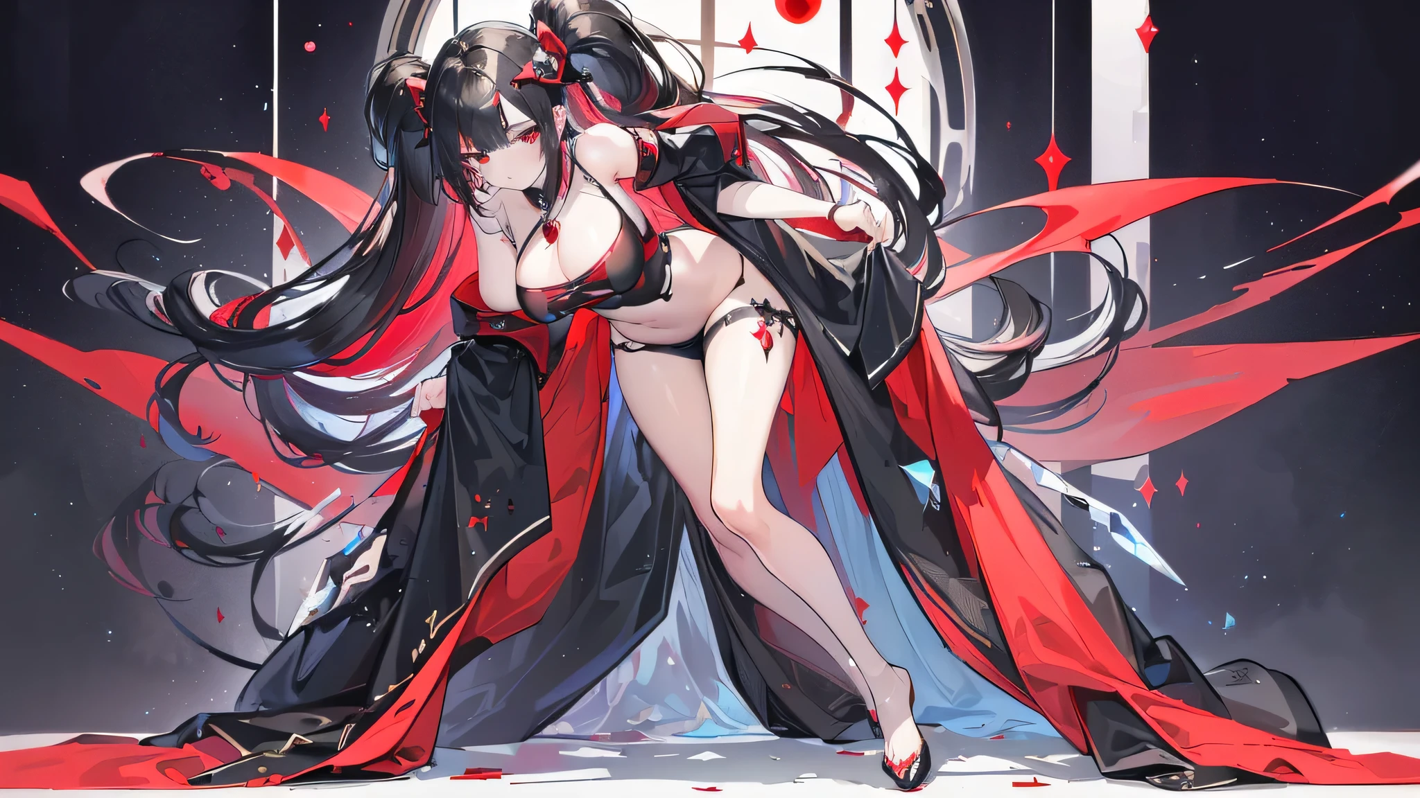 Exquisite eyes),(Clear and beautiful eyes:1.61),masterpiece, ung girl,(Black clothes and some red gems), Black long hair, (She has a huge red gem on her chest), Good Hand,((The Havoc of StarCraft)),full-body shot,Fighting Stance,(Red Eyes:1.466),short and small,(Very big breasts:1.35),(Pretty Face),(full-body shot:1.33),Beautiful hands