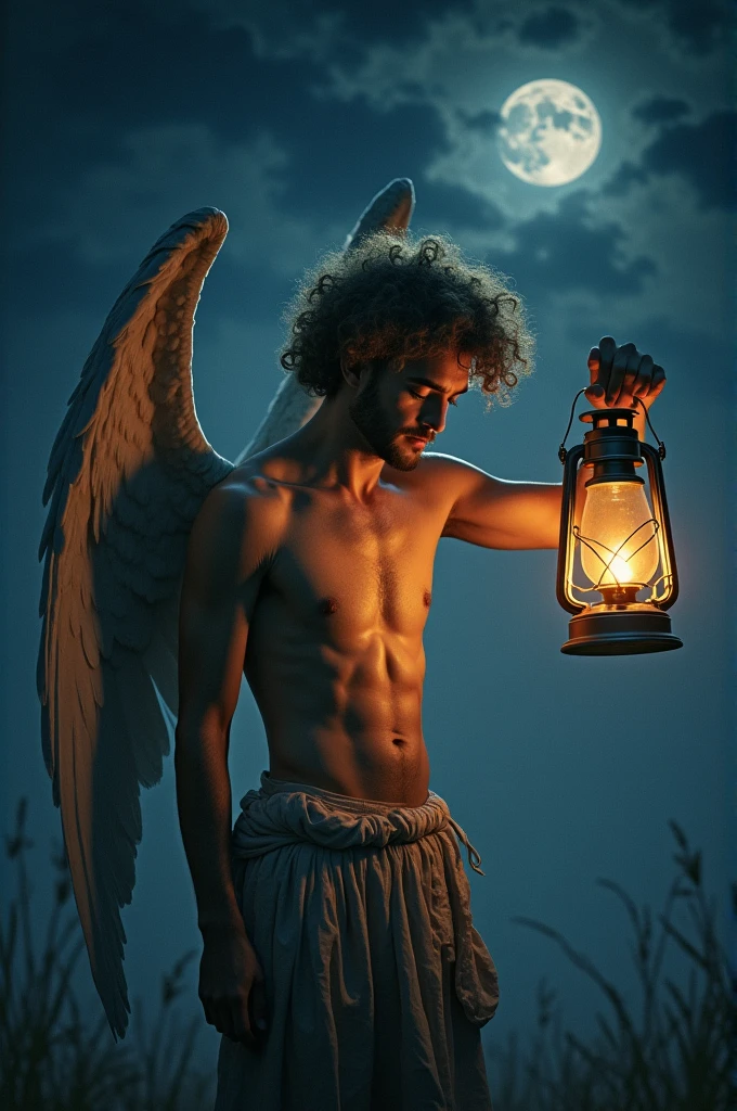 Sleepy hypnos, wings on his forehead, holding a lantern, AT night