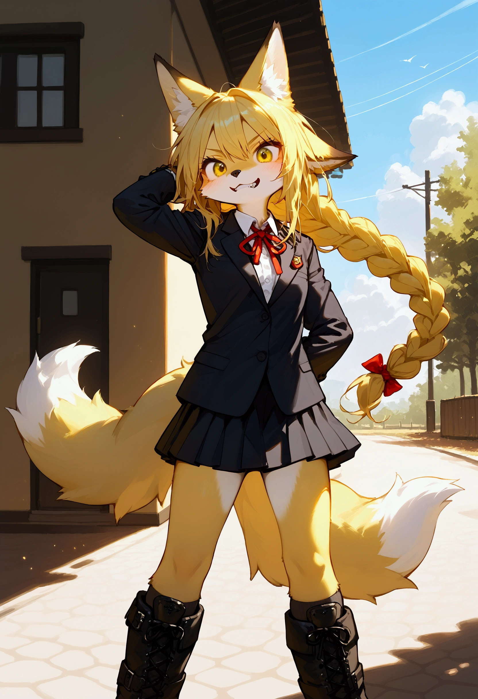 , score_9,score_8_up,score_7_up, source_furry, An anthro furry fox girl, yellow furry fox girl, yellow eyes, yellow fox ears, blonde hair, long braided hair, snout, black nose, wearing black blazer, white button up shirt. Black skirt, black combat boots, hands behind her back, coy pose, outdoors, on a school campus, standing, grinning, canine teeth