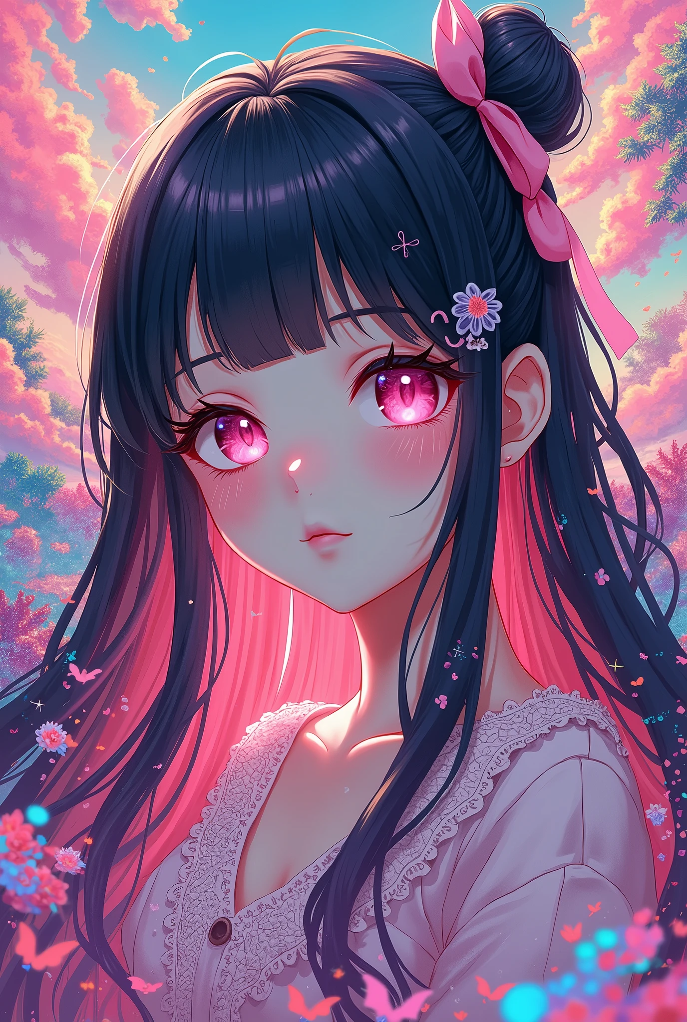 Psychedelic art, Thomas W Schaller-inspired, a radiant girl in an otherworldly landscape filled with swirling colors and intricate patterns, creating a mesmerizing visual experience, face portrait, Nezuko Komado, kamado, long black hair, pink eyes, pink hair ribbon, two-tone hair, ulzzang,