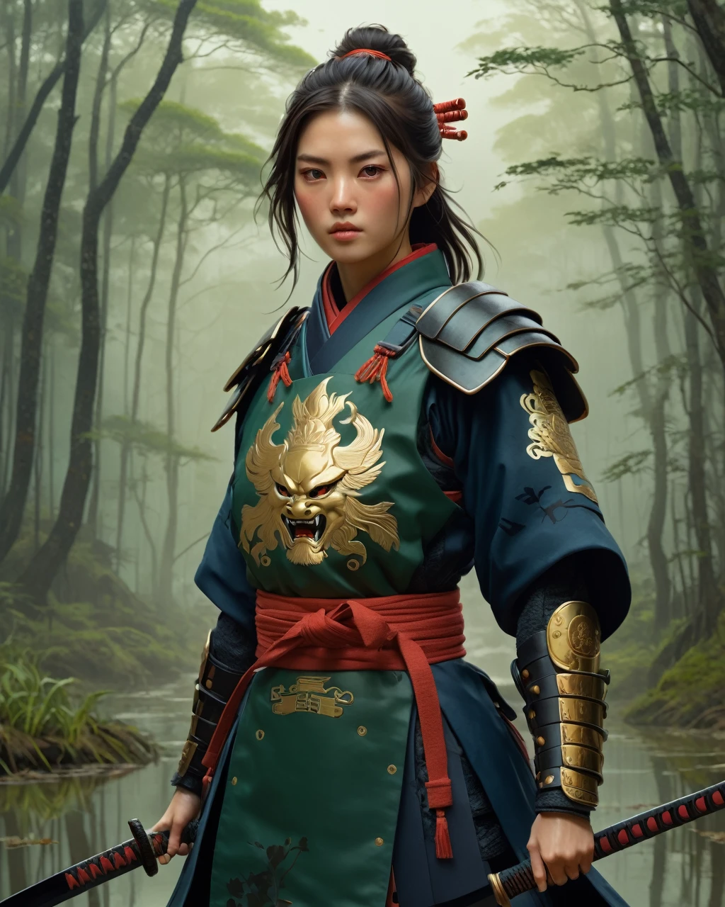 por Atey Ghailan
1girl, reaching forward , face detailed, beautiful japanese woman in fantasy samurai armor, caminhando pelo pântano misty no meio de vários campos de batalha do exército, swamps, misty, Clouded, wearing a tunic with the family coat of arms embroidered on it, many samurai fighting in the background, work of art, best qualityer, high qualiy, dramatic lighting, eyeshadows