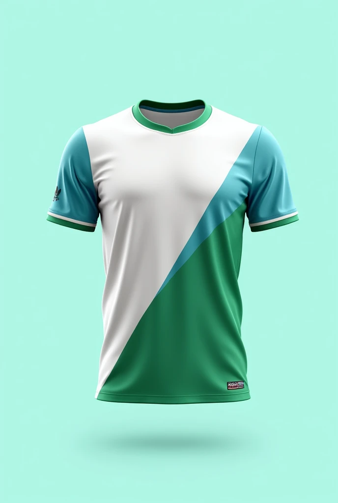 Can you generate another design for me for a soccer shirt with the colors white?, green and light blue