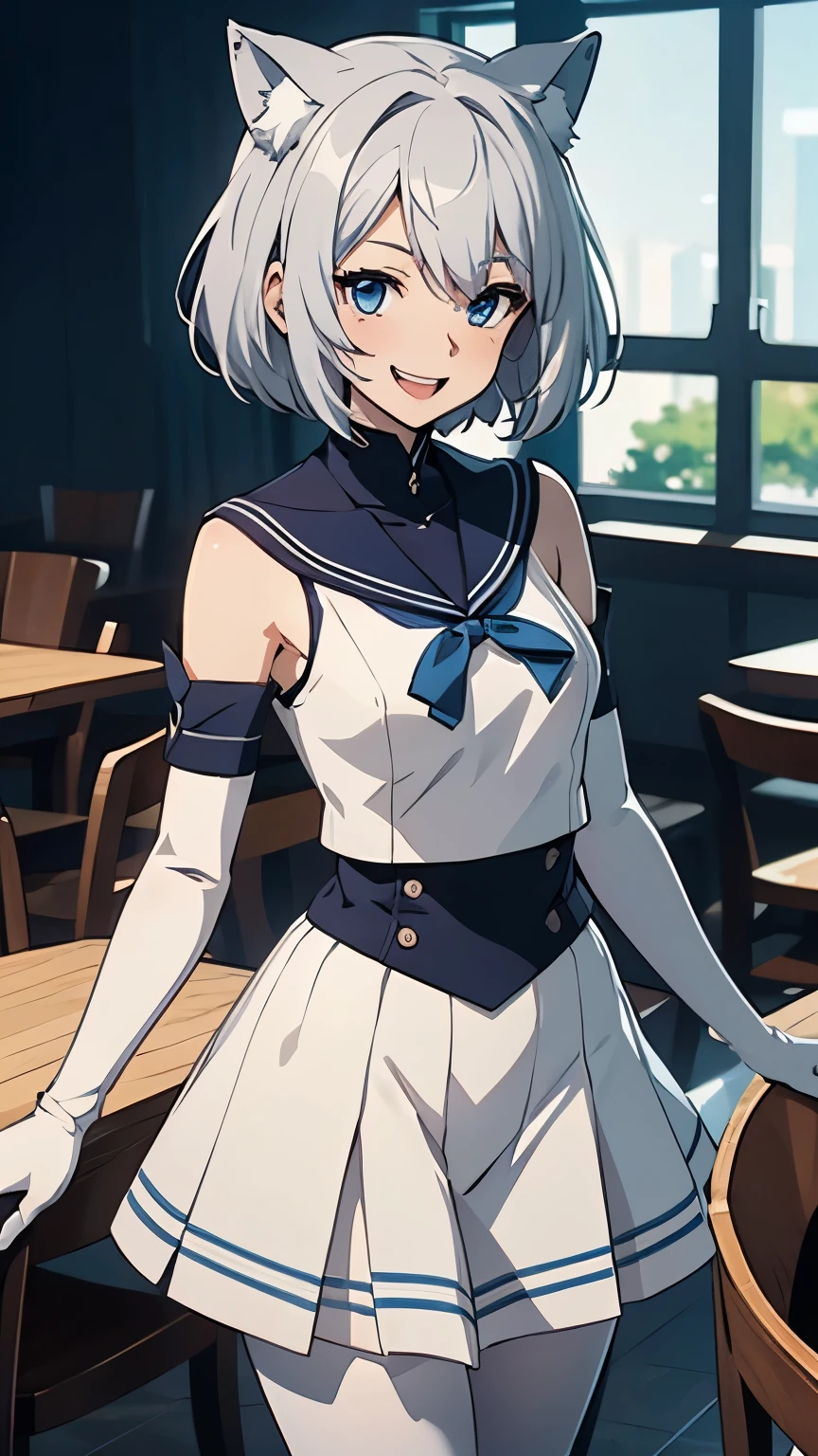 Tabletop High resolution Best image quality 8k Adult female Anime Style White long gloves(Elbow Gloves) White Sailor Suit(Sleeveless) Navy blue mini skirt White Pantyhose White wolf ears short hair((Shortcuts)(Gray Hair)(Perm)(fluffy)) blue eyes Attractive face((Laughter)(smile)(Open your mouth))