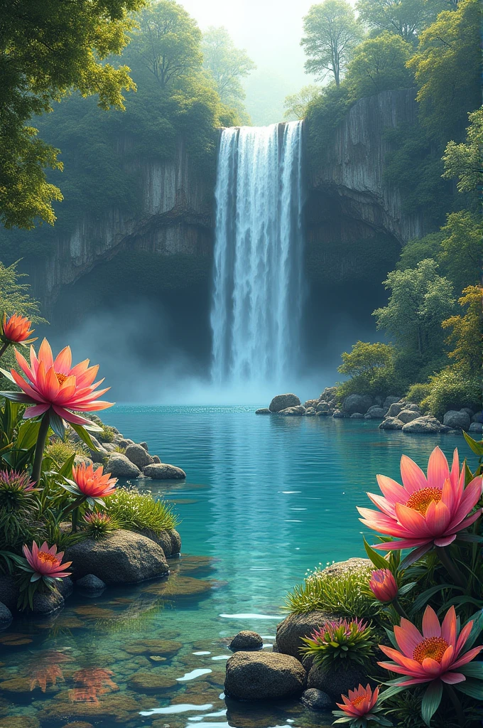 A lake with a waterfall and many strange and beautiful flowers and plants