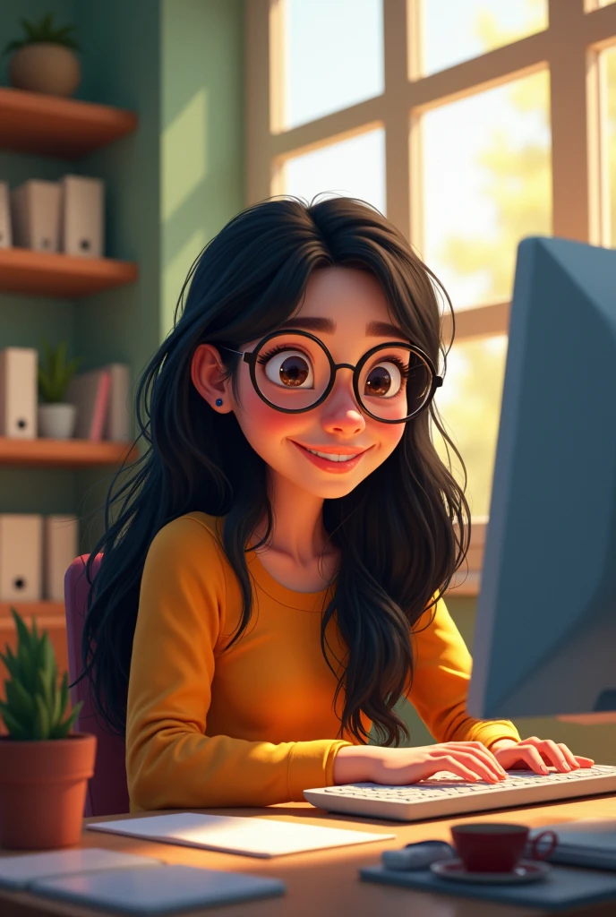 Pixar style woman working on computer,long black hair, round glasses , with happy face