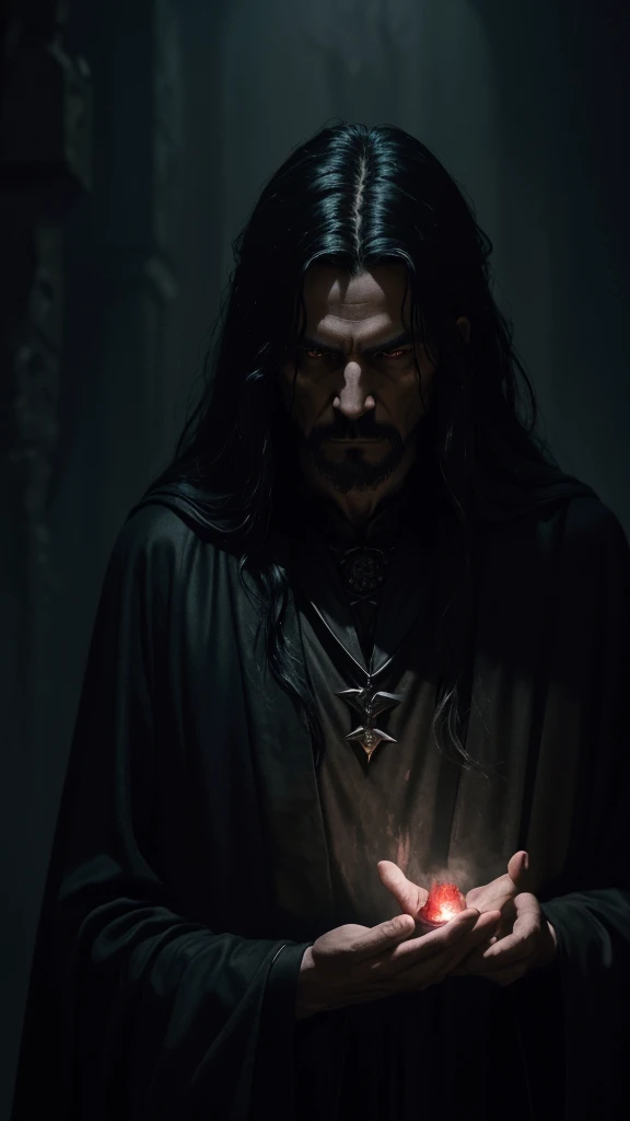 a middle-aged sorcerer, black robe, long black hair, ethereal appearance, specializes in blood magic, dramatic lighting, cinematic, dark fantasy, moody atmosphere, rich colors, dramatic pose, intricate details, sinister expression, intense gaze, (highres,masterpiece:1.2),ultra-detailed,(,photo-realistic:1.37)