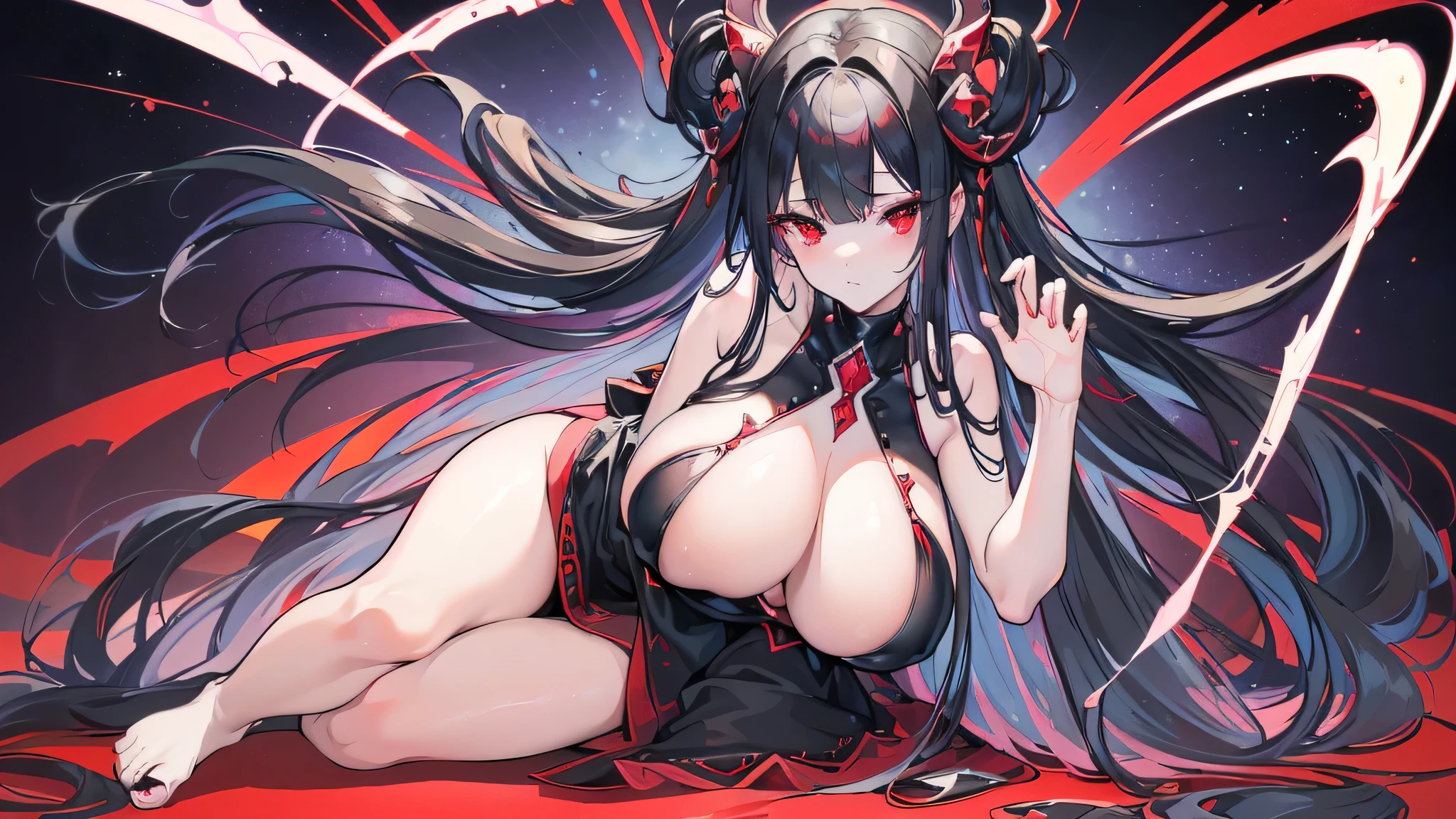 Exquisite eyes),(Clear and beautiful eyes:1.61),masterpiece, ung girl,(Black clothes and some red gems), Black long hair, (She has a huge red gem on her chest), Good Hand,((The Havoc of StarCraft)),full-body shot,Fighting Stance,(Red Eyes:1.466),short and small,(Very big breasts:1.35),(Pretty Face),(full-body shot:1.33),Beautiful hands