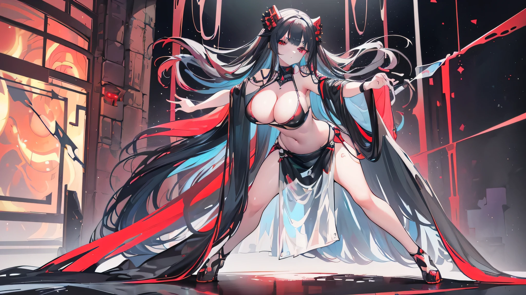 Exquisite eyes),(Clear and beautiful eyes:1.61),masterpiece, ung girl,(Black clothes and some red gems), Black long hair, (She has a huge red gem on her chest), Good Hand,((The Havoc of StarCraft)),full-body shot,Fighting Stance,(Red Eyes:1.466),short and small,(Very big breasts:1.35),(Pretty Face),(full-body shot:1.33),Beautiful hands