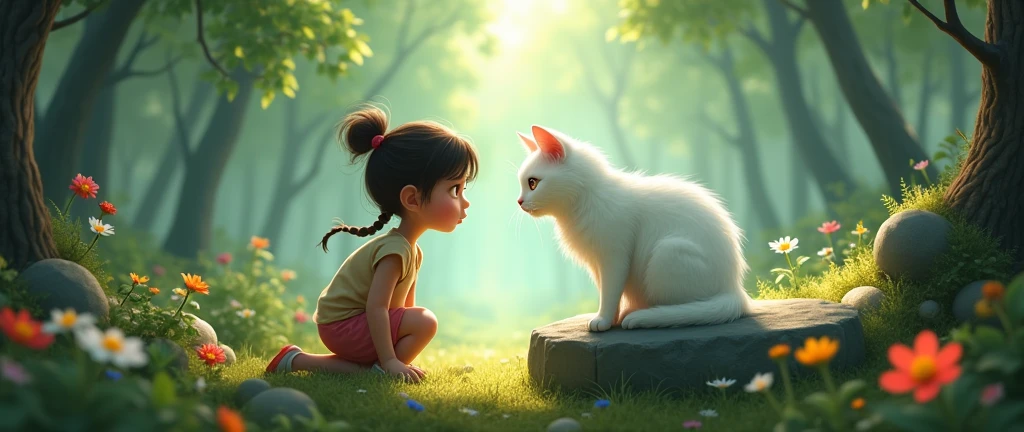 Lili is kneeling, looking curiously at a white cat with sparkling eyes, lying on a stone that emits a soft glow. Tall trees and wildflowers surround the scene.