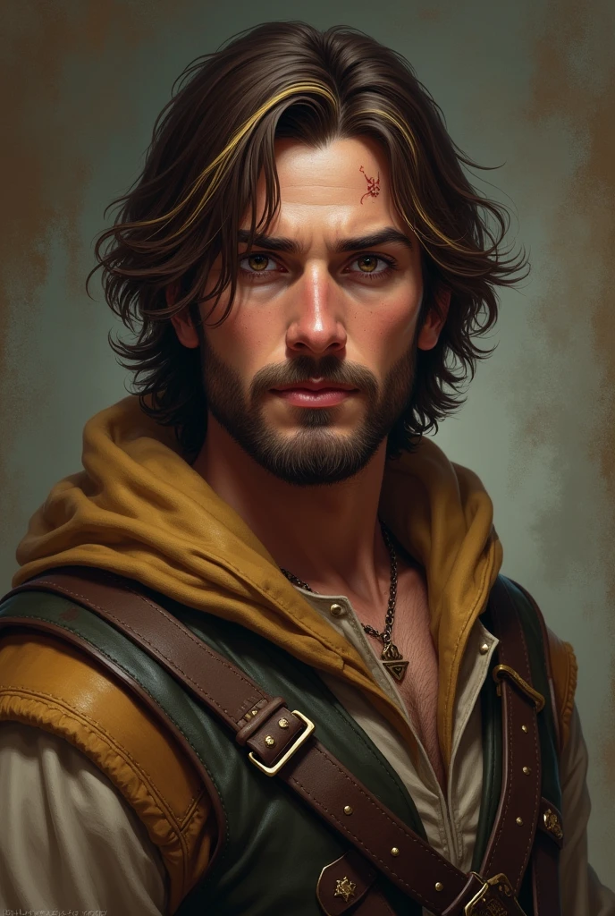 handsome young man, stubble, medieval clothes, adventurer, gambler, charming, shoulder length brown hair, blonde highlights, dark eyes, scars
