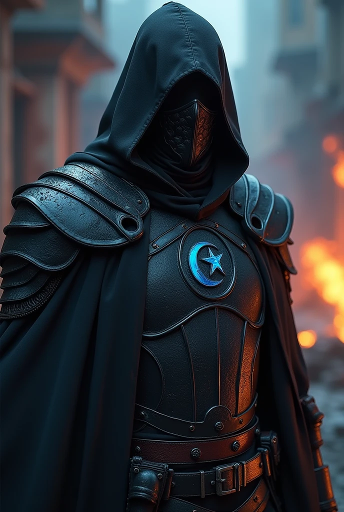 We are designing Azerbaijan's assassin in a way that is modern but also includes historical elements. Here are the details that define this character: - **Outfit**: A black, armored outfit. - **Chest Detail**: An blue 8-pointed star and crescent symbol. - **Mask**: A mask that covers part of the face, reminiscent of an assassin's mask. - **Background**: Dark, gloomy atmosphere; A background reflecting the war environment. - **Color Palette**: Vibrant and saturated colors, especially black and orange tones. I'm starting to create this design right away! It may take some time.