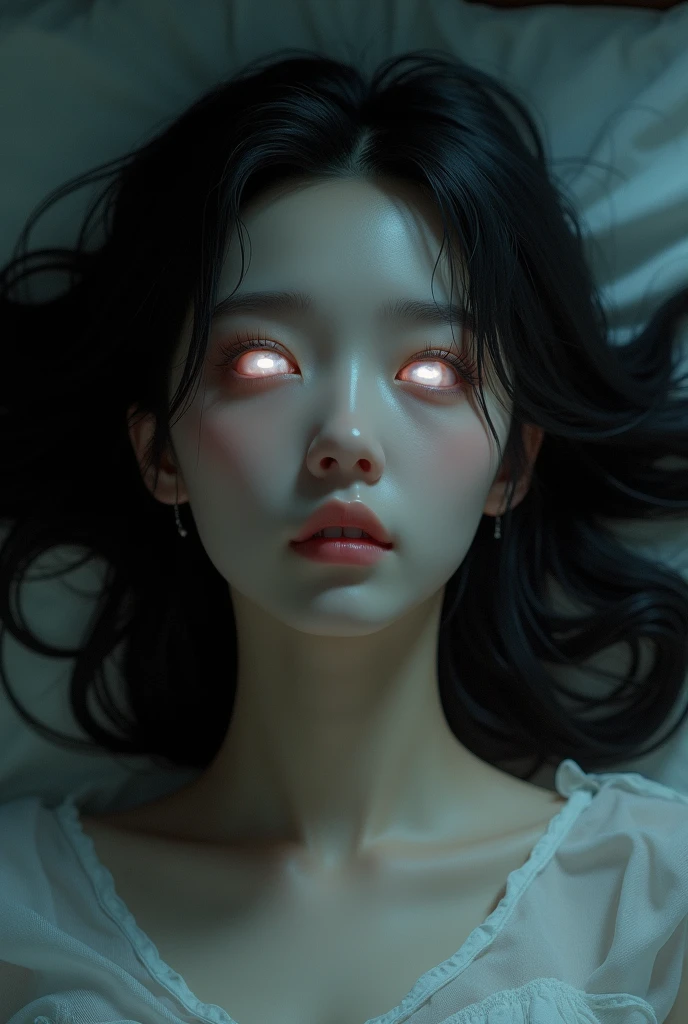 (photorealism:1.2), beautiful asain woman, unconscious, eyes rolled up and can see the white