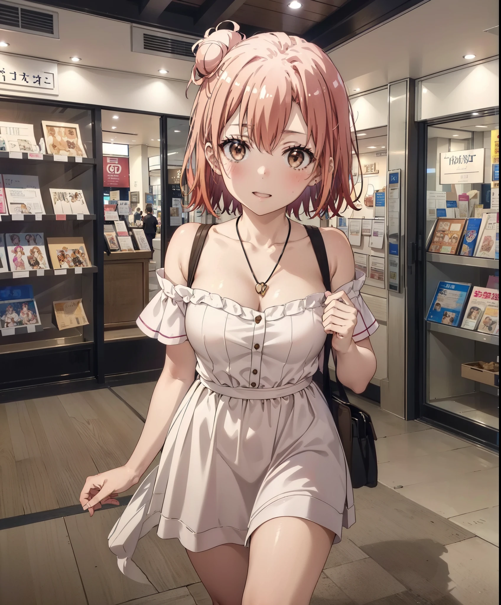 yuiyuigahama, yui yuigahama, short hair, (Brown eyes:1.5), (Pink Hair:1.2), Hair Bun, single Hair Bun,Big Breasts,smile,blush,Open your mouth,Off-the-shoulder dress,Exposing shoulders,bare clavicle,Bare neck,Rocket Pendant,mini skirt,Cute heeled sandals,Daytime,sunny,walk,whole bodyがイラストに入るように,
break indoors,Shopping mall,
break looking at viewer, whole body,
break (masterpiece:1.2), Highest quality, High resolution, unity 8k wallpaper, (shape:0.8), (Beautiful attention to detail:1.6), Highly detailed face, Perfect lighting, Extremely detailed CG, (Perfect hands, Perfect Anatomy),