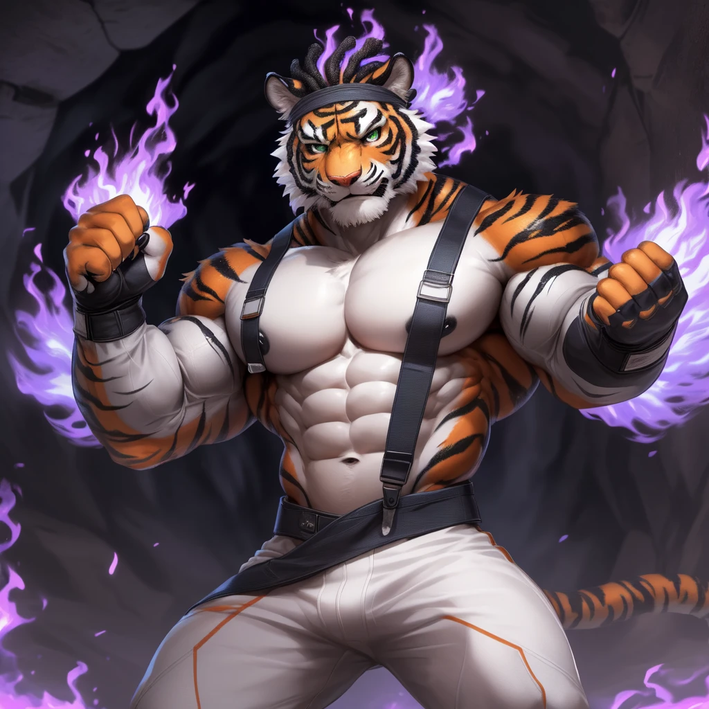upload on e621), (Masterpiece), (Pino Daeni), (null-ghost), (kiyosan), (best quality), (ultra high res), 4K, (8k HD), 2D, (perfect anatomy), (digital art), (official art), (extreme detailed), (ultra detailed), (strapsanime), color, (soft shading), (sharp focus), (((excessive purple fire both fists))), (((training underground background))), 1man, orange body fur, black stripes, (((orange muscular arms))), white pecs and belly, detailed fluffy fur, (ultra detailed face), detailed eyes, detailed iris eyes, (((detailed green eyes))), (white sclera), black pupils, (((navel))), (((abs))), (((pectoral))), (normal stance pose) (((black claw nails))), furry tiger male, mature male, (((full body))), normal height, (((orange with black stripes ripped muscular body fur))), feline, (((black nipples))), (((large ripped muscles))), (((large ripped pecs))), (((large ripped biceps))), cat, mammal, orange tiger, tiger male, intense face, serious expression, (((badass))), tiger anthro, solo, standing, (((wearing full complete white training outfits))), (((white training overalls))), (((dark black short hair))), (((dark black short back hair))), (((dark black short dreadlocks hairstyle))), (((perfect fingers))), (((five fingers))), (((orange hands and fingers))), (((wearing fingerless black and grey gloves))), (((black fingerless combat gloves))), (((black long headband))), (((white open training outfits)), (((blackbelt))), (((orange and black stripes long tiger tail))), (((white long pants))), (((excessive purple fire aura flow entire body)))