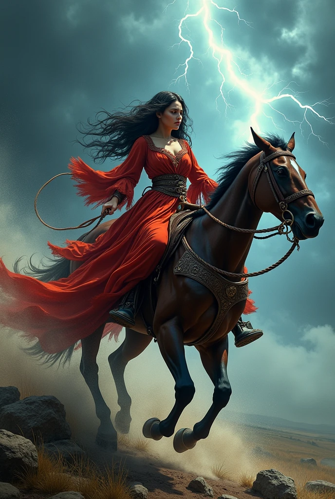 a gypsy woman, with red dress, riding a horse, in the thunder storm. Size 3.000 for 3.000