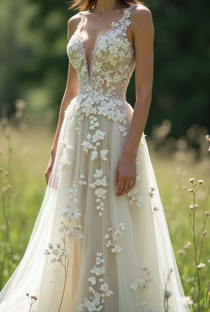  wedding dress with white and delicate printed flowers