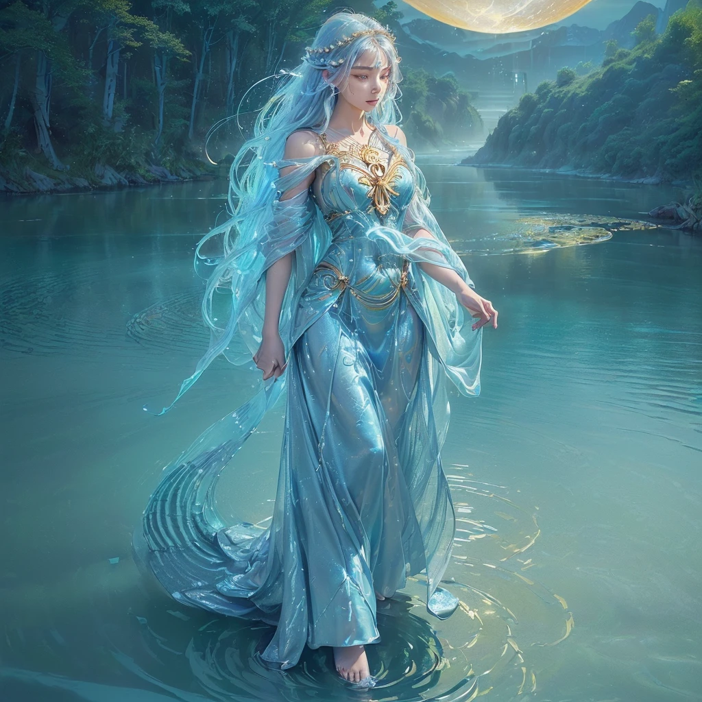 (A powerful and ethereal goddess fused with the River of Time:1.5), (full-body depiction:1.4), (flowing robes made of shimmering water and glowing sands of time:1.5), (her hair cascading like a waterfall, infused with glistening time particles:1.4), (eyes glowing with ancient wisdom and the passage of centuries:1.4), (one hand holding an hourglass with the sands flowing endlessly:1.4), (the other hand gently guiding the river of time around her body:1.5), (the river wraps around her form like a protective coil, with currents representing past, present, and future:1.5), (symbols of time—clocks, sun, moon, and stars—integrated into her flowing garments:1.4), (background depicting a cosmic landscape where time flows endlessly:1.4), (a radiant aura of blue and gold hues surrounds her:1.4), (detailed facial features with a serene, knowing expression:1.4), (ethereal light and mist around her feet as she walks on the river of time:1.3), (highly detailed and intricate design:1.4), (surreal and majestic atmosphere:1.3), (vivid and harmonious color palette:1.4)