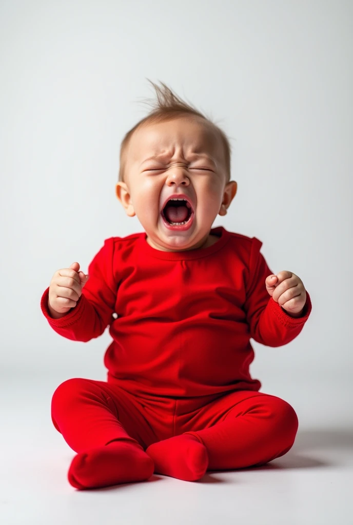 Baby in red outfit crying sitting on a white studio background