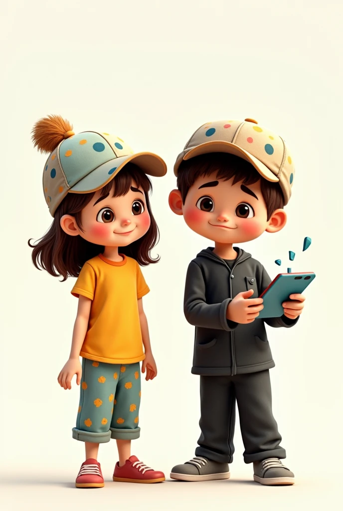 A girl and boy 3d doodle wear black pajama and yellow colour t-shirt and p cap boy holding broken cel phone and showing looking sad but the girl looking happy