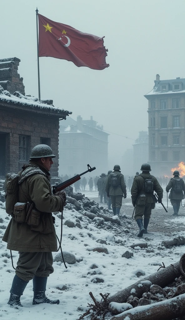 A harrowing winter scene in the ruined city of Stalingrad, with Soviet soldiers defending a shattered building against advancing German troops. The landscape is desolate, with snow-covered rubble, destroyed tanks, and the bodies of fallen soldiers. The Soviet flag is seen flying defiantly from a battered structure, symbolizing the city's resistance.