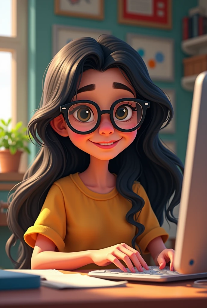 Pixar style woman working on computer,long black hair, round glasses , with happy face